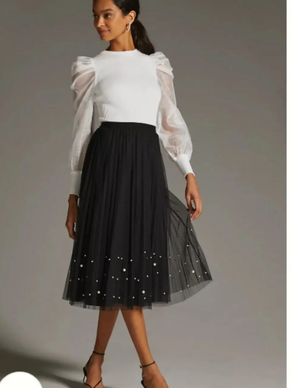 NWT Anthropologie Dolan Left Coast White Ribbed Puff Sheer Organza Sleeve Top‎